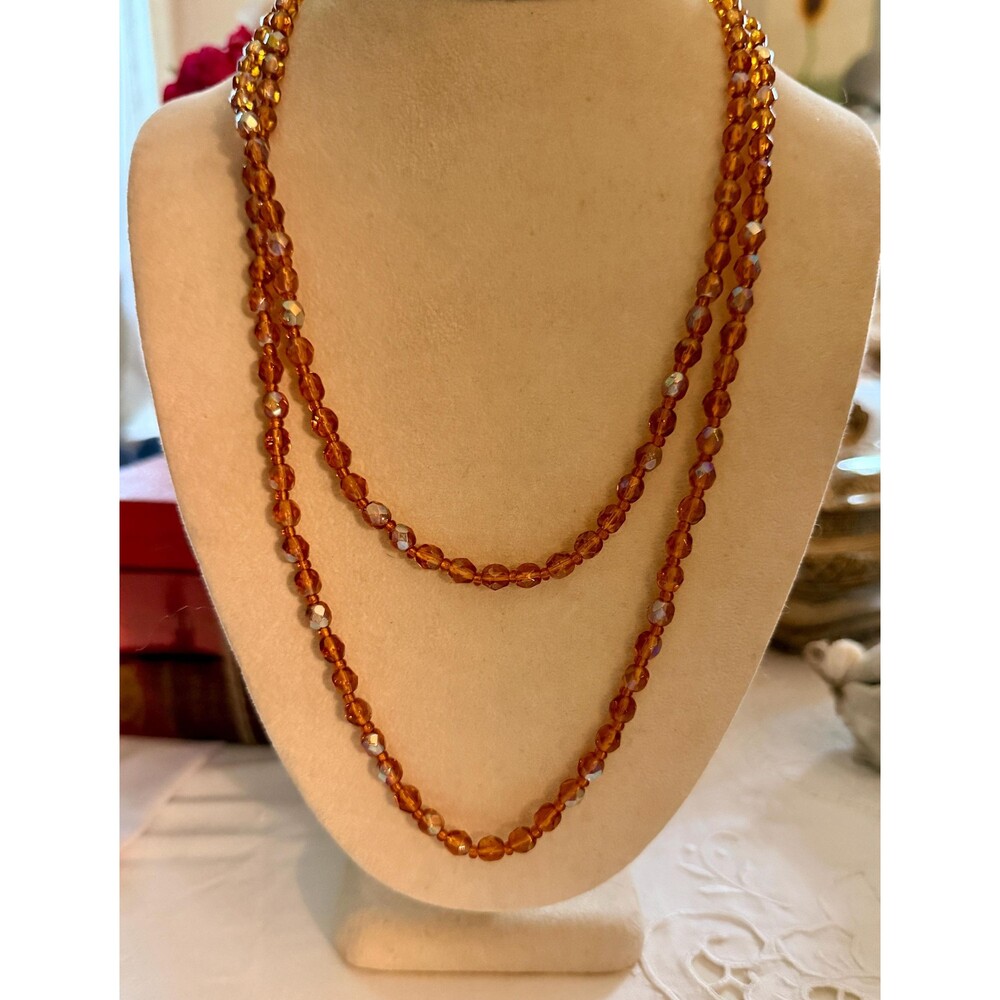 Vintage Amber Aurora Borealis Crystal Bead Necklace | Long Faceted Glass Beads |